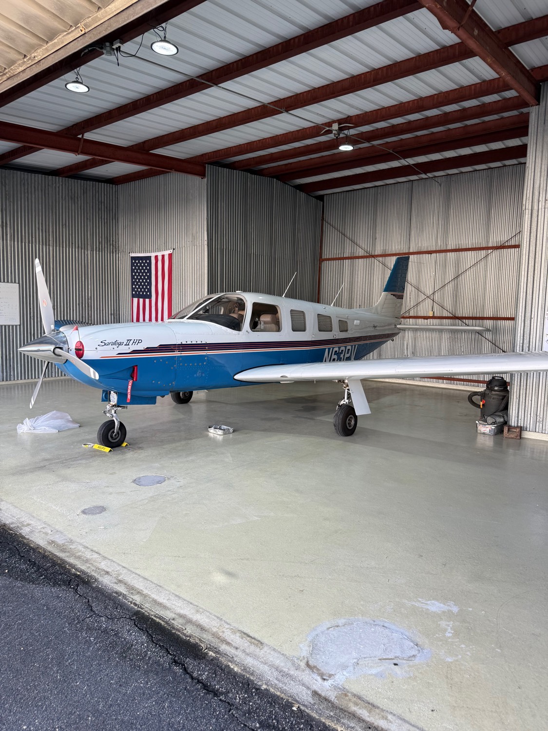 The Saratoga inside the hangar